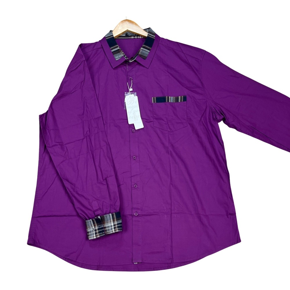 Coofandy Button Down Shirt Mens 2XL Purple Plaid Trim Long Sleeve Flip Cuff NEW